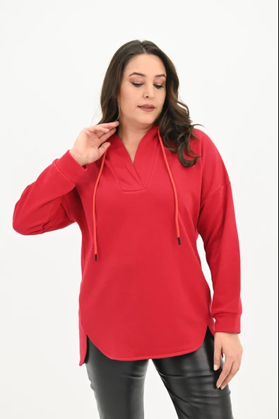 Kadın Büyük Beden Kapüşonlu Oversize Sweatshirt 1895-25 - 10