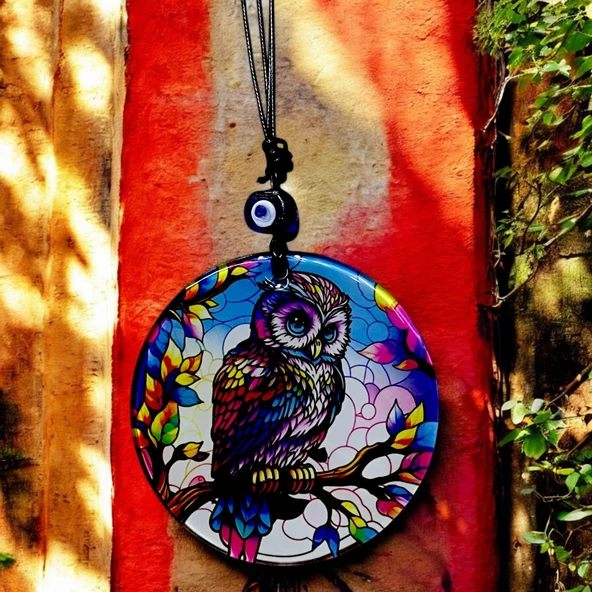 Dalda Baykuş Desenli 12 Cm Füzyon Cam Duvar Süsü - 3