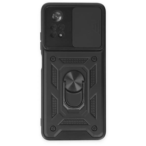 Smody Xiaomi Poco X4 Pro 5G İle Uyumlu Kılıf Kamera Korumalı Sürgülü Yüzüklü Standlı Tank - 3