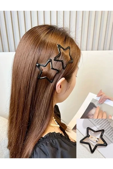 2 Adet Siyah Renkli Yıldız Çıt Çıt Saç Tokası Büyük Boy 6 cm