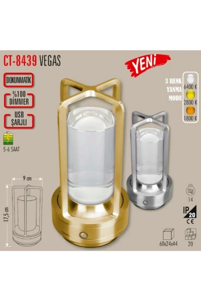 VEGAS ŞARJLI MASA LAMBASI GÜMÜŞ DOKUNMATİK (CT-8439) - Resim 4