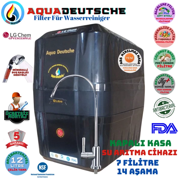 AQUA DEUTSCHE SİYAH MONTAJ DAHİL 12 LİTRE 7 FİLTRE 14 AŞAMA SU ARITMA CİHAZI - 1