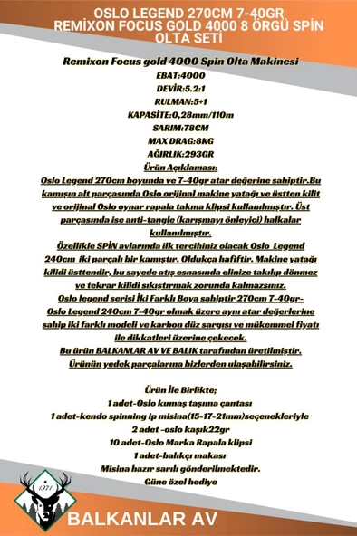 Oslo Legend 270cm 7-40gr Remixon Focus Gold 4000 8 Örgü Spin Olta Seti - Resim 2