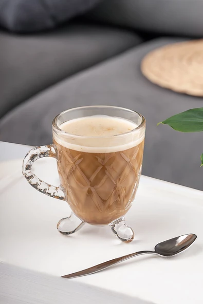 Porsima 15720 Ayaklı Kulplu Boncuk Desenli 4'lü Cam Bardak - Kulplu Çay Kahve Bardağı - 200 Cc - 2
