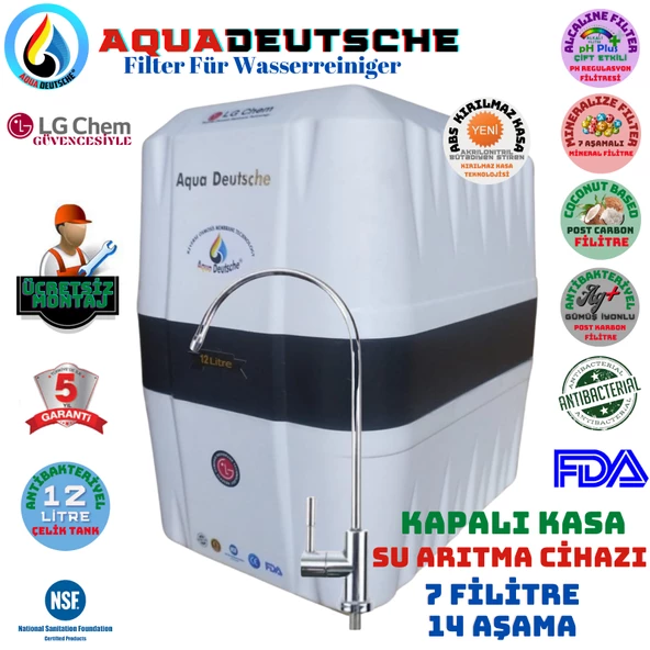 AQUA DEUTSCHE BEYAZ SİYAH MONTAJ DAHİL 12 LİTRE 7 FİLTRE 14 AŞAMA SU ARITMA CİHAZI ürün görseli