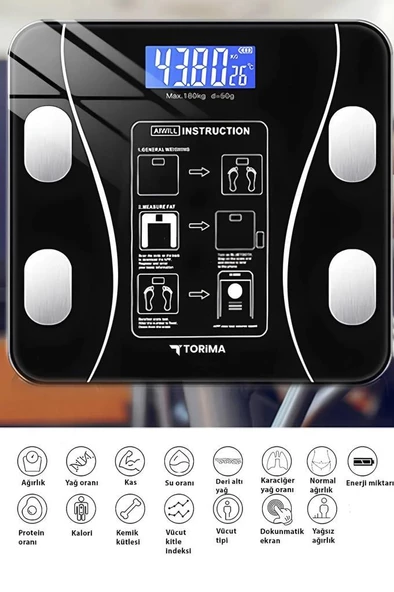 Torima XK-26C Siyah Dijital Baskül Yağ Kas Su Vücut Kitle İndeksi Kilo Ölçer Bluetooth Tartı - 3