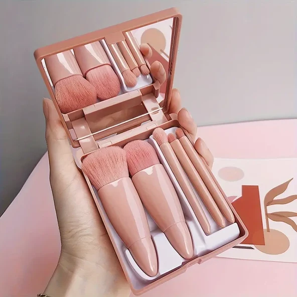 5 Parça Mini Makyaj Fırçası Seti Aynalı ve Çantalı Set