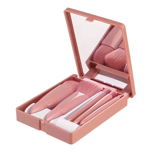 5 Parça Mini Makyaj Fırçası Seti Aynalı ve Çantalı Set - 6