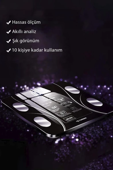 Torima XK-26C Siyah Dijital Baskül Yağ Kas Su Vücut Kitle İndeksi Kilo Ölçer Bluetooth Tartı - 5