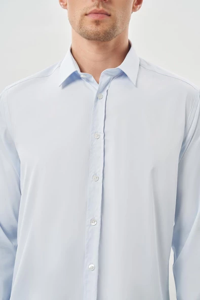 Koyu Mavi Uzun Kol Düz Bez Ayağı Sert Yaka Cepsiz Esnek Classic Slim Fit Gömlek 1004245223_300 - 4