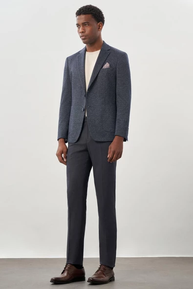 Koyu Lacivert Desenli Örme Mono Yaka Astarsız Esnek 6 Drop Slim Fit Casual Ceket 1002245159 - Resim 3