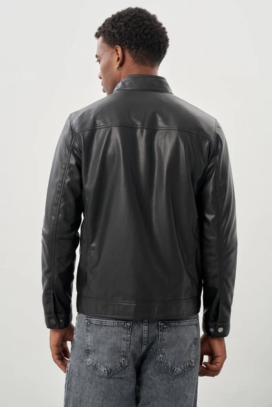 Siyah Suni Deri Hakim Yaka Düz Yırtmaçsız Tam Astar Slim Fit Casual Deri Mont 1038245151 - Resim 5