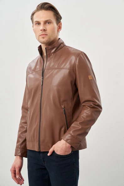 Koyu Kahverengi Suni Deri Hakim Yaka Düz Yırtmaçsız Tam Astar Slim Fit Casual Deri Mont 1038245151 - 3