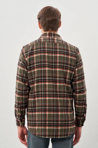 Haki Yünlü Ekose Desen Yumuşak Yaka Cepsiz Uzun Kol Casual Comfort Fit Gömlek 1004245227 - Resim 5