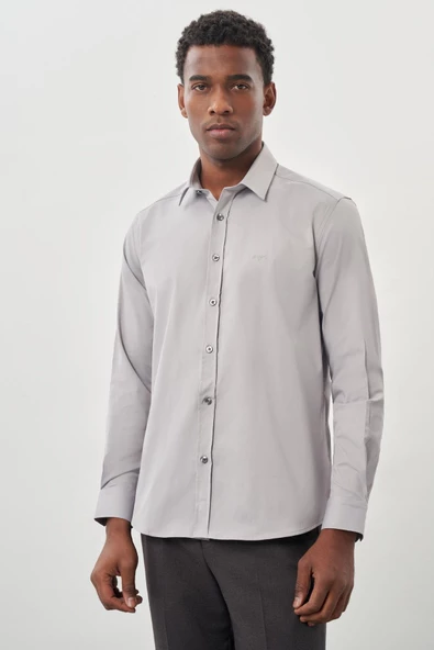 Gri Uzun Kollu Sert Yaka Cepsiz Pamuklu Likralı Klasik Slim Fit Dar Kesim Gömlek 1004245234