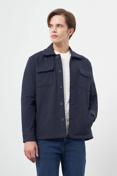 Koyu Lacivert Örme Polo Yaka Jakarlı Desen Yırtmaçsız Astarsız Slim Fit Classic Mont 1007245160 - Resim 3