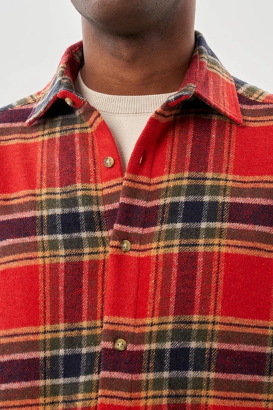 Bordo Yünlü Ekose Desen Yumuşak Yaka Cepsiz Uzun Kol Casual Comfort Fit Gömlek 1004245227 - Resim 4