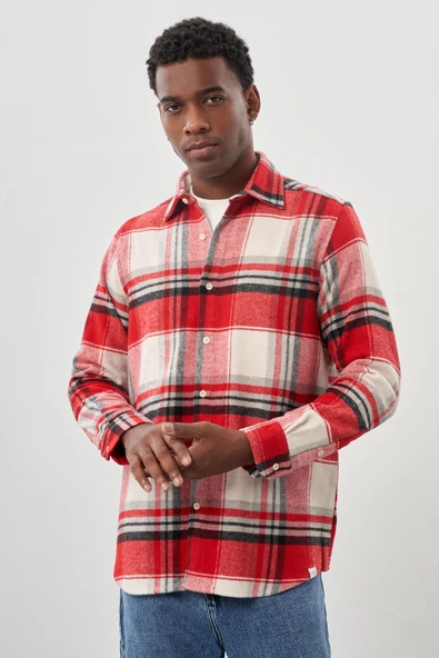 Koyu Kırmızı Yünlü Ekose Desen Yumuşak Yaka Cepsiz Uzun Kol Casual Comfort Fit Gömlek 1004245227 - Resim 3