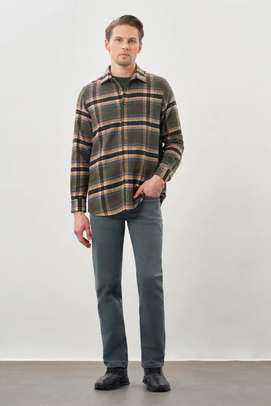 Koyu Haki Yünlü Ekose Desen Yumuşak Yaka Cepsiz Uzun Kol Casual Comfort Fit Gömlek 1004245227 - Resim 2