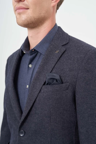 Koyu Lacivert Örme Mono Yaka 6 Drop Slim Fit Ceket 1002245151 - Resim 4