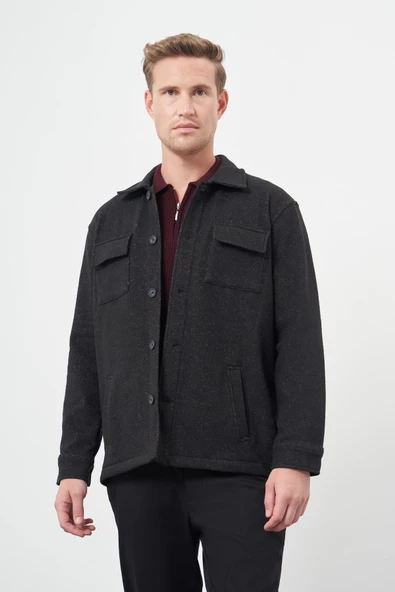 Siyah Örme Polo Yaka Jakarlı Desen Yırtmaçsız Astarsız Slim Fit Classic Mont 1007245161 - Resim 3