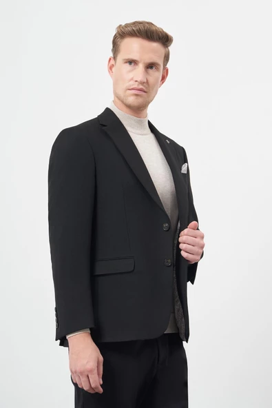 Siyah Baskılı Gabardin Mono Yaka Çift Yırtmaç 2 Düğme 4 Drop Comfort Fit Classic Ceket 1002245157 - Resim 3