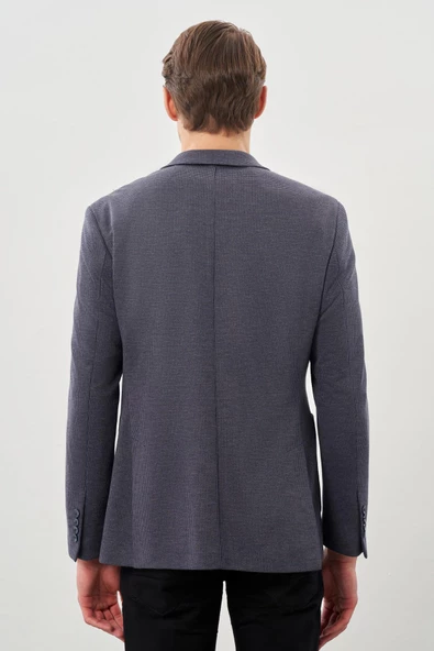 Koyu Lacivert Kazayağı Desen Örme Mono Yaka 2 Düğme 6 Drop Slim Fit Classic Ceket 1002245166_200 - Resim 5