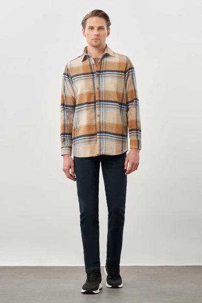 Koyu Bej Yünlü Ekose Desen Yumuşak Yaka Cepsiz Uzun Kol Casual Comfort Fit Gömlek 1004245227 - Resim 2