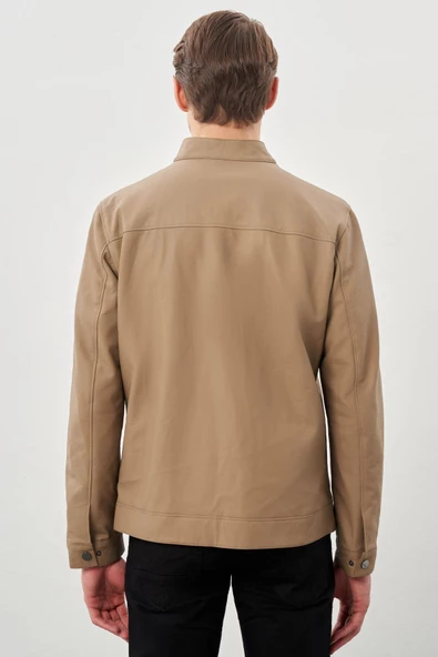 Bej Suni Deri Hakim Yaka Düz Yırtmaçsız Tam Astar Slim Fit Casual Deri Mont 1038245152 - Resim 5