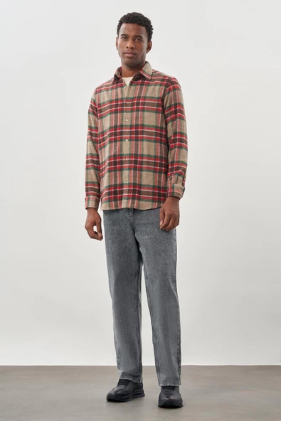 Mürdüm Yünlü Ekose Desen Yumuşak Yaka Cepsiz Uzun Kol Casual Comfort Fit Gömlek 1004245227 - Resim 2