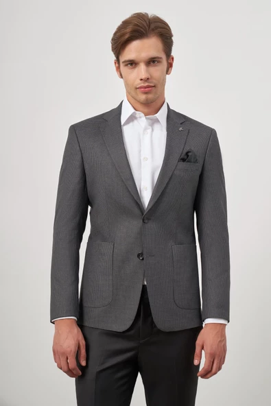 Koyu Antrasit Kazayağı Desen Mono Yaka 6 Drop Slim Fit Classic Ceket 1002245106 - Resim 4