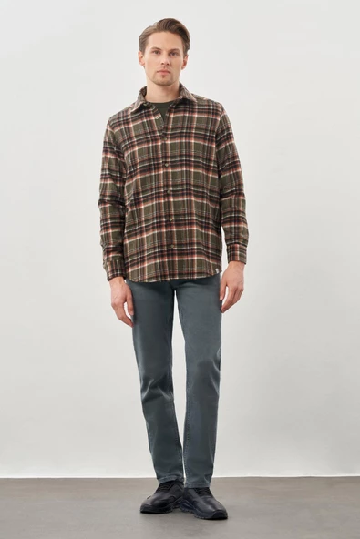 Haki Yünlü Ekose Desen Yumuşak Yaka Cepsiz Uzun Kol Casual Comfort Fit Gömlek 1004245227 - Resim 2