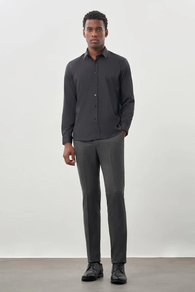 Koyu Antrasit Uzun Kol Düz Bez Ayağı Sert Yaka Cepsiz Esnek Classic Slim Fit Gömlek 1004245223_070 - Resim 2