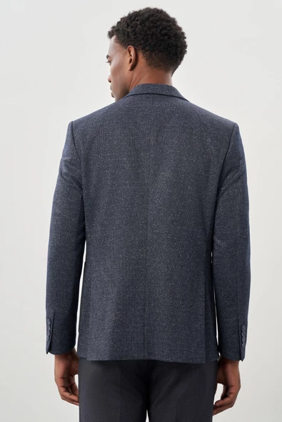 Koyu Lacivert Desenli Örme Mono Yaka Astarsız Esnek 6 Drop Slim Fit Casual Ceket 1002245159 - Resim 5