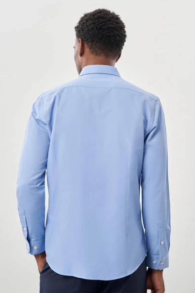 Mavi Uzun Kol Düz Bez Ayağı Yarım İtalyan Yaka Cepsiz Pamuklu Classic Slim Fit Gömlek 1004245268 - Resim 5