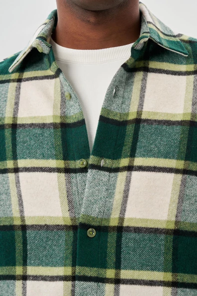 Koyu Lacivert Yünlü Ekose Desen Yumuşak Yaka Cepsiz Uzun Kol Casual Comfort Fit Gömlek 1004245227 - Resim 4