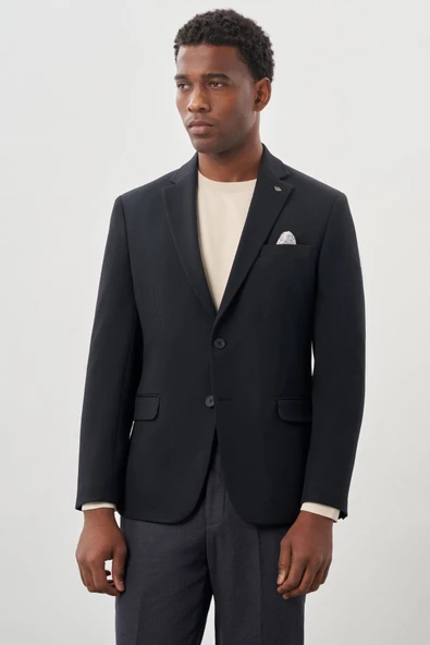 Koyu Lacivert Gabardin Mono Yaka Tam Astar Esnek 6 Drop Slim Fit Casual Ceket 1002245162
