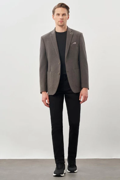 Koyu Bej Desenli Örme Mono Yaka Tam Astar Esnek 6 Drop Comfort Fit Casual Ceket 1002245163 - 2