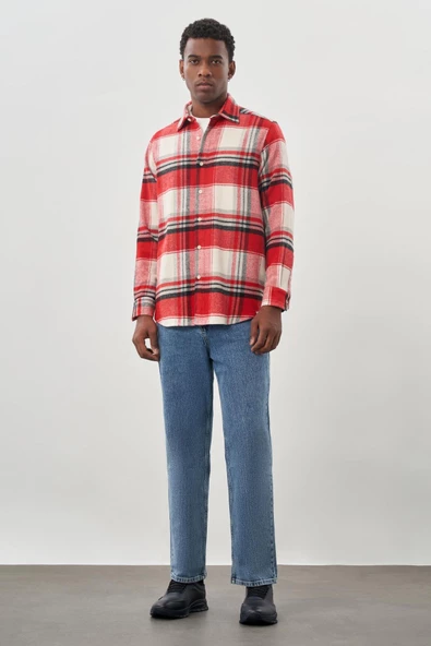 Koyu Kırmızı Yünlü Ekose Desen Yumuşak Yaka Cepsiz Uzun Kol Casual Comfort Fit Gömlek 1004245227 - Resim 2