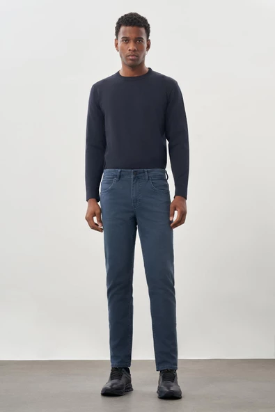 İndigo Mavi Düz Gabardin Pamuklu 5 Cep Slim Fit Casual Denim Pantolon 1023245158 - 2