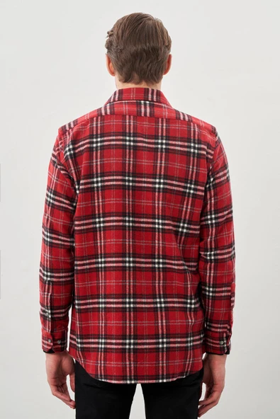 Bordo Yünlü Ekose Desen Yumuşak Yaka Cepsiz Uzun Kol Casual Comfort Fit Gömlek 1004245227 - Resim 5