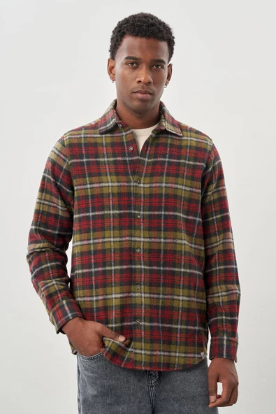 Koyu Yeşil Yünlü Ekose Desen Yumuşak Yaka Cepsiz Uzun Kol Casual Comfort Fit Gömlek 1004245227 - 3