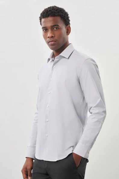 Gri Uzun Kol Armürlü Sert Yaka Cepsiz Pamuklu Classic Slim Fit Gömlek 1004245226 - Resim 3