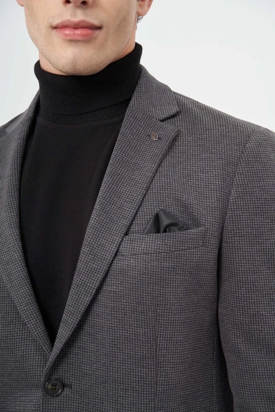 Siyah Kazayağı Desen Örme Mono Yaka 6 Drop Slim Fit Ceket 1002245150 - Resim 4