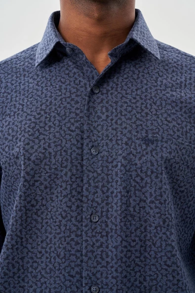 Koyu Lacivert Uzun Kol Cepli Pamuklu Classic Comfort Fit Gömlek 1004245215 - Resim 4