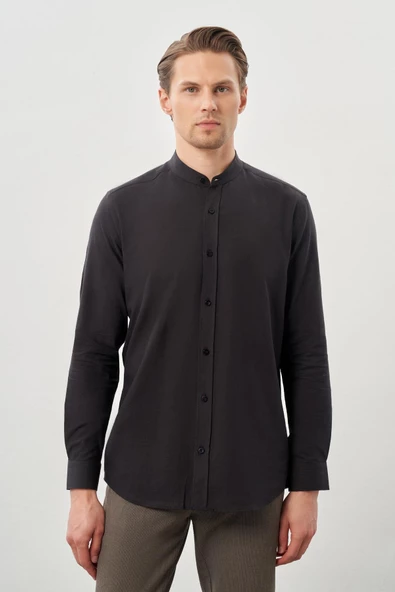 Siyah Uzun Kol Düz Bez Ayağı Hakim Yaka Cepsiz Pamuk Casual Slim Fit Gömlek 1004245270_001