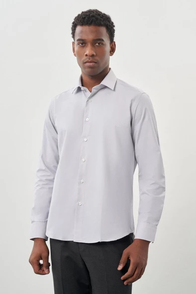 Gri Uzun Kol Armürlü Sert Yaka Cepsiz Pamuklu Classic Slim Fit Gömlek 1004245226