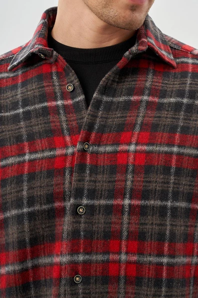 Bordo Yünlü Ekose Desen Yumuşak Yaka Cepsiz Uzun Kol Casual Comfort Fit Gömlek 1004245227 - Resim 4