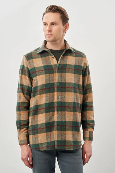 Camel Yünlü Ekose Desen Yumuşak Yaka Cepsiz Uzun Kol Casual Comfort Fit Gömlek 1004245227 - Resim 3