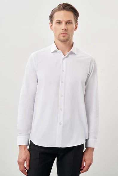 Beyaz Uzun Kol Düz Bez Ayağı Yarım İtalyan Yaka Cepsiz Pamuklu Classic Slim Fit Gömlek 1004245268